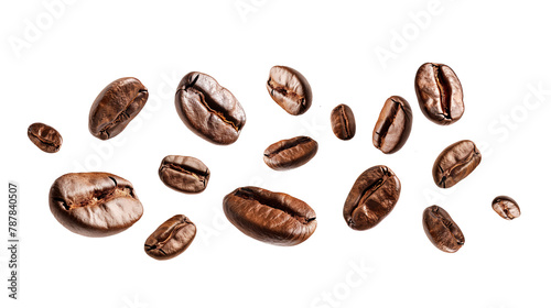 Flying or falling roasted brown caffeine coffee beans in the air isolated on a transparent (PNG) or white background. Arabian or aroma beans for hot drinks for cafe advertising, package design.