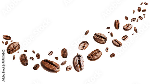 Flying or falling roasted brown caffeine coffee beans in the air isolated on a transparent (PNG) or white background. Arabian or aroma beans for hot drinks for cafe advertising, package design.
