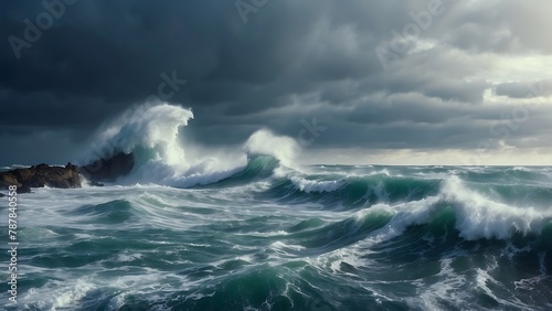 Stormy Seascape: Dark clouds swirl over the turbulent ocean, waves crashing against the shore under a brooding sky