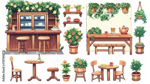 An outdoor cafeteria with wooden bar counter, seats, plants and flowers. Modern cartoon set of chairs, benches, tables, teapots and cups isolated on white.