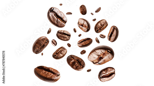 Flying or falling roasted brown caffeine coffee beans in the air isolated on a transparent (PNG) or white background. Arabian or aroma beans for hot drinks for cafe advertising, package design. © Lahiru