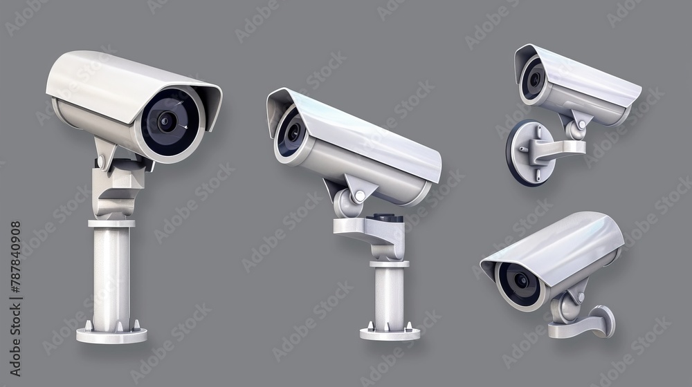 A security camera, CCTV video camera, and street surveillance equipment front and side angle view on a grey background. Secure guard eye and crime prevention isolated on a grey background. A security camera, CCTV video camera, and street surveillance equipment front and side angle view on a grey background. Secure guard eye and crime prevention isolated on a grey background.