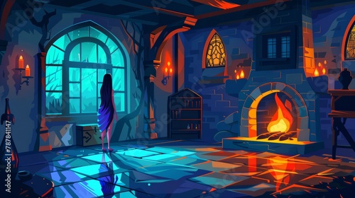 Young witch wear loincloth, wrapped into long hair admire magical blaze at night Cartoon modern illustration of nymph in magic school interior.