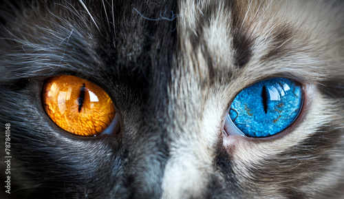 Cat with different eye colors one orange eye the other blue. photo