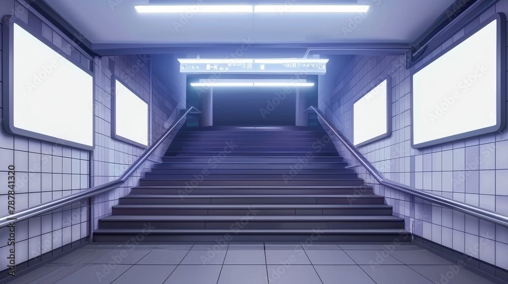 Three-dimensional stairs going up to a light and white LCD screens for advertising on walls. Exit from underground or underground subway. Staircase construction, ladder building architecture,