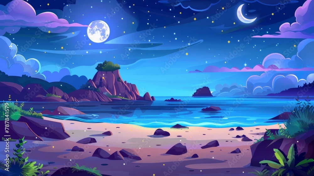 The sea beach and the small island in the water with rocks at night. Modern cartoon landscape of ocean or lake coastline, sand shore with stones, moon, stars, and clouds at midnight. The sea beach and the small island in the water with rocks at night. Modern cartoon landscape of ocean or lake coastline, sand shore with stones, moon, stars, and clouds at midnight.