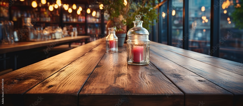 Glass bottle with red candle on wooden table in bar, Rustic Bar Table Close-Up