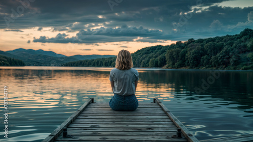 A young woman sitting on the edge of a dock at daybreak or dawn. Serene environment suitable for reflection and meditation.