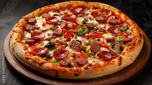 Sausage and vegetable pizza with pepperoni and mushrooms on dark background