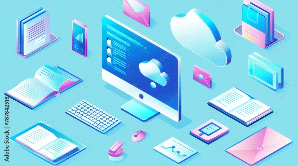 Modern icons with isometric representations of a computer monitor, virtual cloud, and documents with information