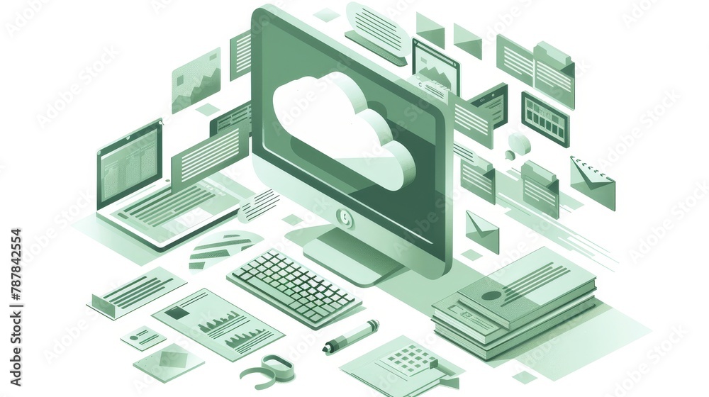 Icons with isometric moderns of a computer monitor, virtual cloud and informational documents