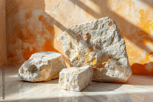 Three large rocks are sitting on a white floor in front of a wall