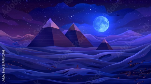 Flyer for Egypt night party cartoon with glistening pyramids in the desert with a full moon. Flyer for a disco and DJ with egyptian style entertainment.