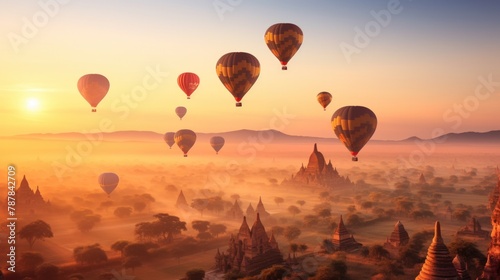 Hot air balloons over Bagan pagodas