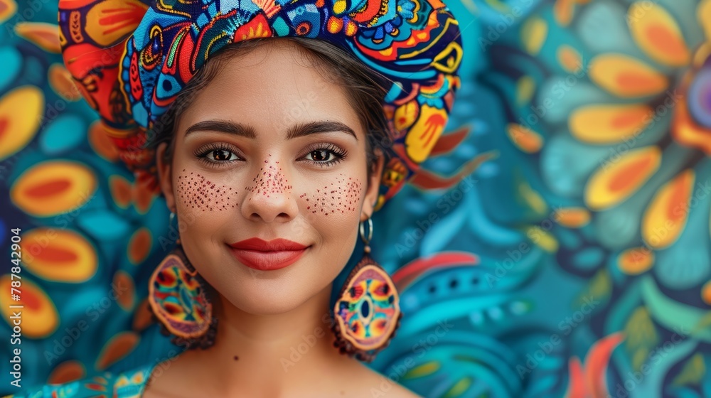 Portrait of Young Hispanic Woman with Freckles, Traditional Clothing, and Headscarf