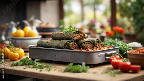 Yarpaq dolması Stuffed vine leaves with a mixture of rice, meat, and herbs. photo