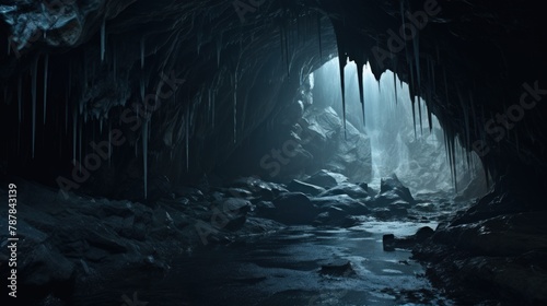 Beautiful dark cave with stalactites and stalagmites photo