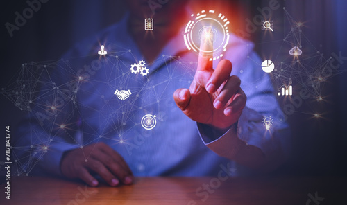 Businessman touching padlock protecting business and financial data with virtual network connection. Cyber security and data protection.Innovation technology develop smart solution from digital attack