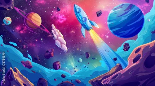 An illustration of a rocket in an outer galaxy with planets, nebulae, and flying rocks. An illustration of a futuristic shuttle that travels in space.