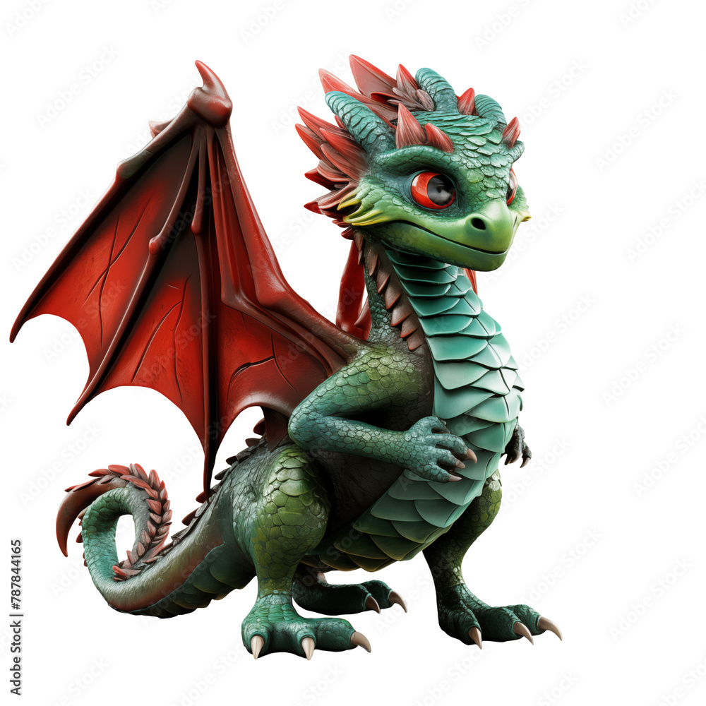 Fototapeta premium Red and green dragon cartoon 3D model isolated