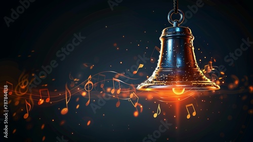 Golden Bell With Musical Notes and Light Rays Shining in the Dark