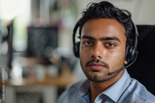 Close-up photo of a serious young, Indian male businessman sitting in the office, at a desk in front of the camera and wearing a headset, Generative AI