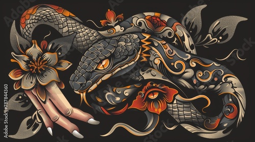 Modern abstract flat illustration of snake tattooed on skin and hand of a woman. Concept of Bible Temptation by Serpent.