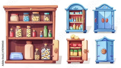 A medicine cabinet with pharmacy drugs and pills for your bathroom or store. Modern set with open and closed cabinets displaying tablets  vitamins and medications.