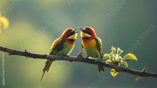 Pair of colorful bee eaters perched on branch, beaks touching in affectionate moment, vibrant feathers against blurred natural background photo