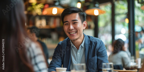 Cheerful Young Man Enjoying Conversation in a Cafe photo