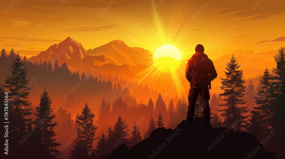 Traveler at sunset in the forest overlooking mountains