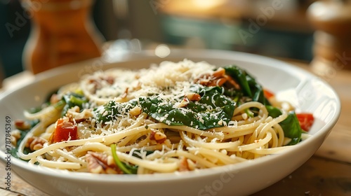 Spaghetti with vegetables spinach nuts and parmesan