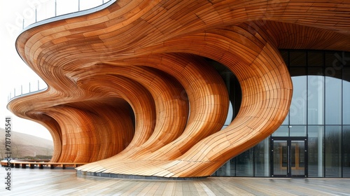 Architectural details of Welsh Assembly building. Wooden planks from sustainable sources. Eco-friendly design at its best. photo