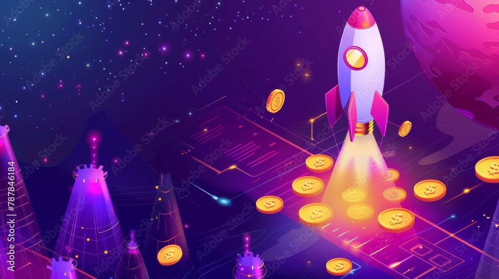 3d modern web banner with crowdfunding, rocket launching from golden coins runway. Innovative or creative business ideas, investment and fundraising, opportunities development 3d modern web banner. 3d modern web banner with crowdfunding, rocket launching from golden coins runway. Innovative or creative business ideas, investment and fundraising, opportunities development 3d modern web banner.