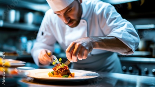 A focused chef carefully plates a gourmet dish in a professional kitchen, exemplifying culinary art and precision. Resplendent.