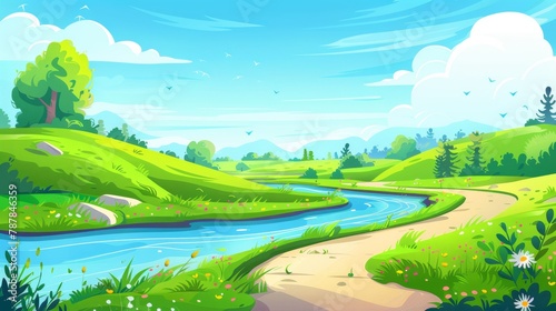 Grassy hills, a water stream, and a road on the riverside in a modern cartoon illustration of a countryside in summer.