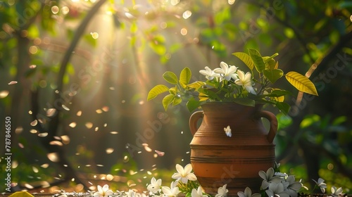 a clay water pot decorated with jasmine flowers in a beautiful morning setting with the sun rays shining through the trees and flowers