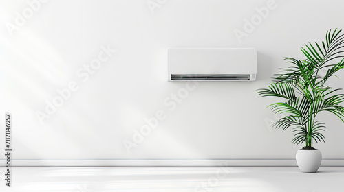  Modern air conditioner on a white wall, green plant in a vase. Copy space. The concept of summer heat