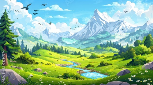 A cartoon landscape with lush green fields of meadows and rivers flowing throughout the vast lands, mountains, fir trees under a cloudy blue sky with birds flying in the sky, Modern illustration.