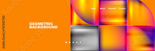 A vibrant geometric pattern featuring colorful squares and circles on an electric blue and amber background, creating a dynamic contrast of tints and shades with hints of magenta