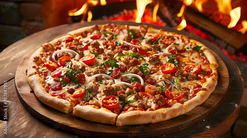 Supreme meat and vegetable pizza on stone in wood fired oven with open flames Supreme meat and vegetable pizza on stone in wood fired oven with open flames