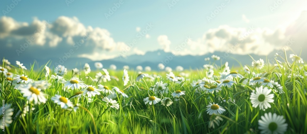 Grassy fields and chamomile flowers in their natural environment
