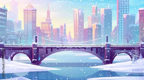 Cartoon modern illustration of a winter city bridge with a view of the city lights from above. City infrastructure and skyscrapers with skyscrapers rising over falling snow.