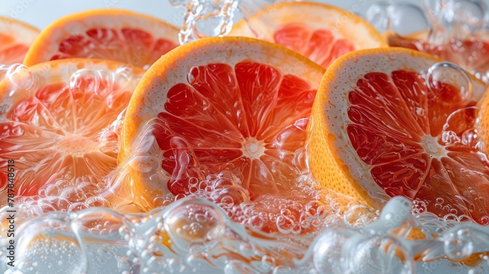 Slices of grapefruit in water on white background. Grapefruit close-up in liquid with bubbles. Slices of blood red ripe grapefruit in water. Macro image of fruits in water. Tropical fruit in liquid. Slices of grapefruit in water on white background. Grapefruit close-up in liquid with bubbles. Slices of blood red ripe grapefruit in water. Macro image of fruits in water. Tropical fruit in liquid.