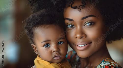 Beautiful black woman holding her baby boy, showing the concept of motherhood and pregnancy