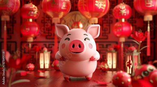 The background of this paper cut piggy is symmetrical with a red lantern