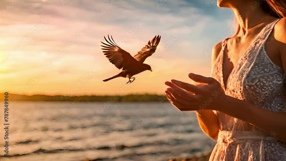 Woman Hands Praying and Free Bird Enjoying Nature on Sunset Background