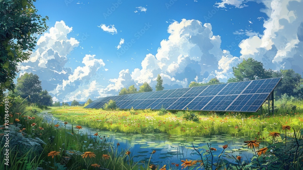 Fototapeta premium Explore the world of watercolor mastery as it brings to life engineers installing solar panels with intricate detail.