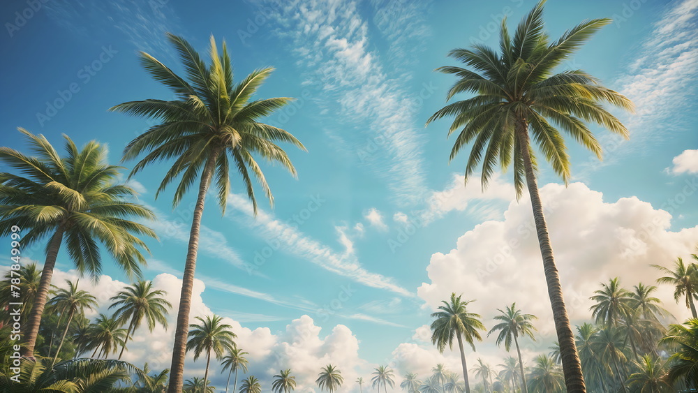 Bright Sunny Day, Coconut and Palm Trees, Low-Angle View against Blue Sky with Rich Clouds