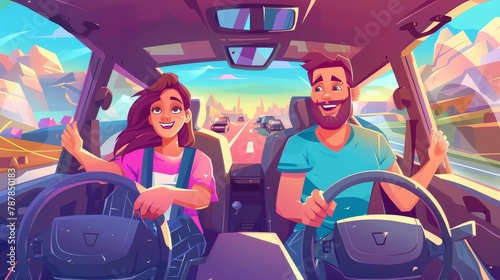 The word "learning to drive" is pictured on a banner with a black and white illustration of a happy man and woman sitting in a car. Modern banners of education and driving tests include a cartoon